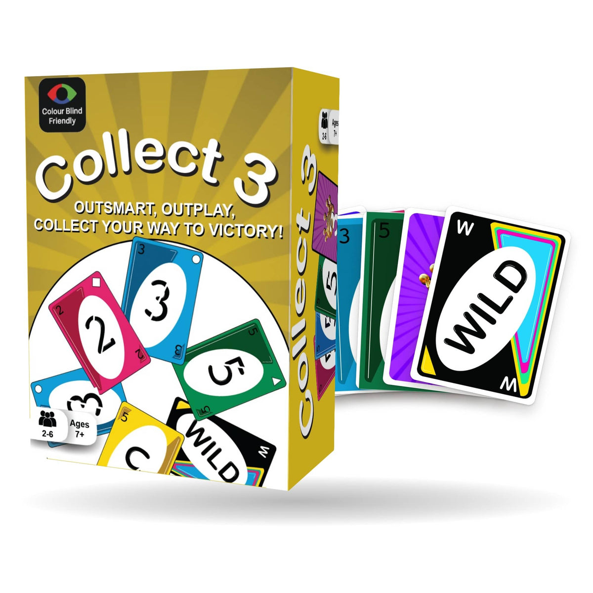 Collect 3 card game box with Skip, number, Crown and Wild cards